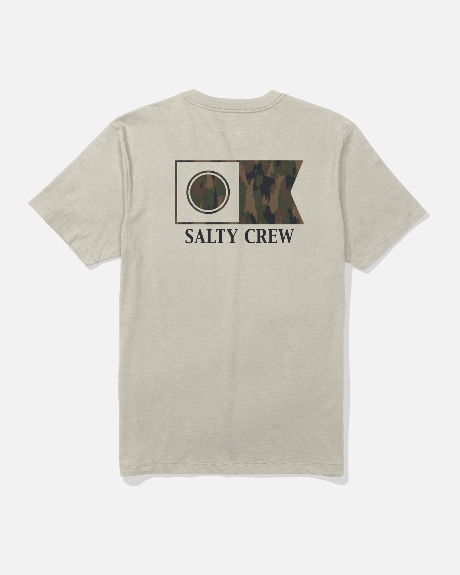 The Salty Crew Flagship Crew Tee in Bone is a beige combed ringspun cotton t-shirt featuring a camo print OK graphic and the words “SALTY CREW” in black on the back. The screen-printed design is shown on a plain white background.