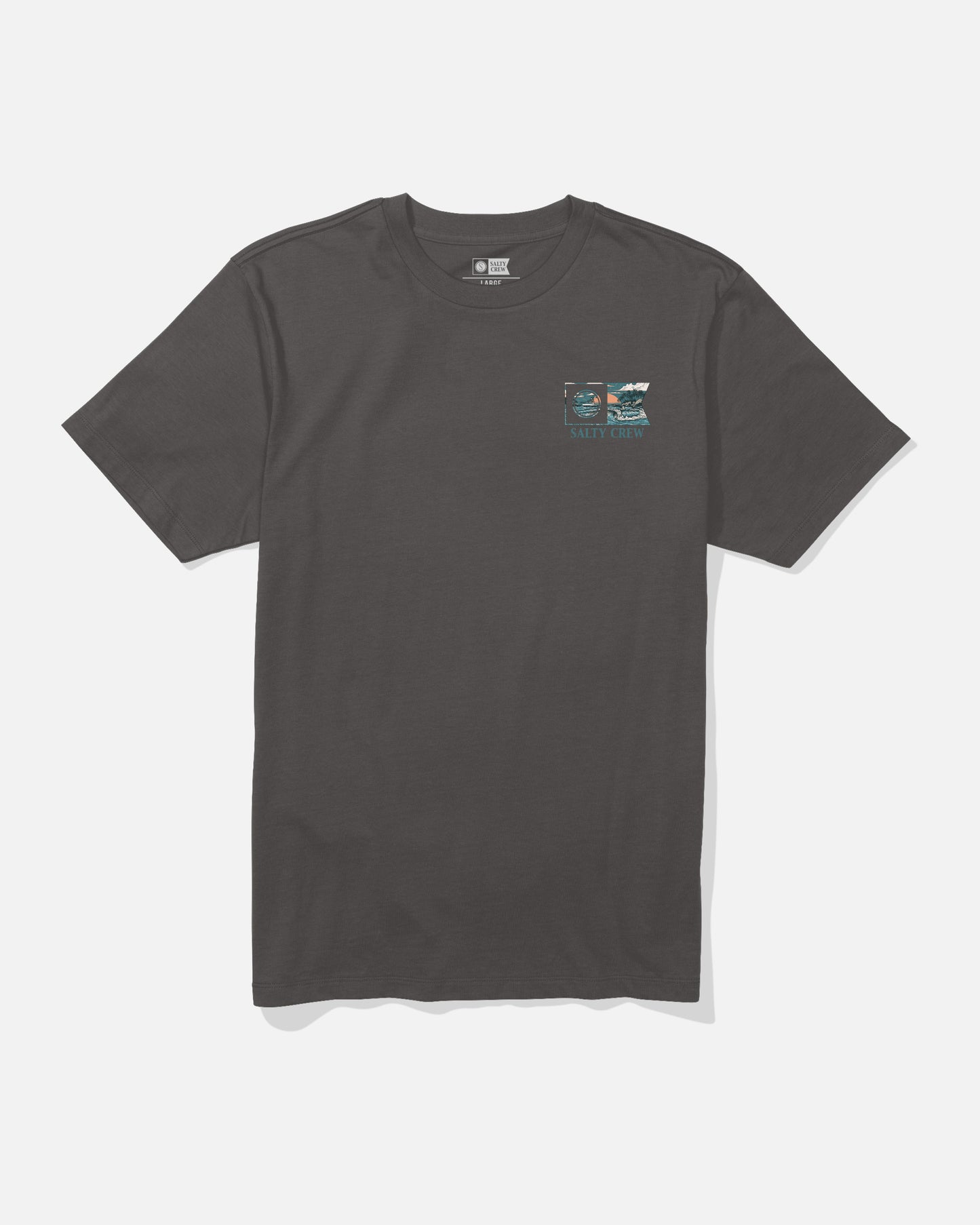 The Salty Crew Flagship Crew Tee in dark grey features a small blue and white screenprinted graphic of waves, a sun, and the words “Salty Crew” on the left chest. Made from soft combed ringspun cotton with short sleeves, this t-shirt is shown against a plain white background.