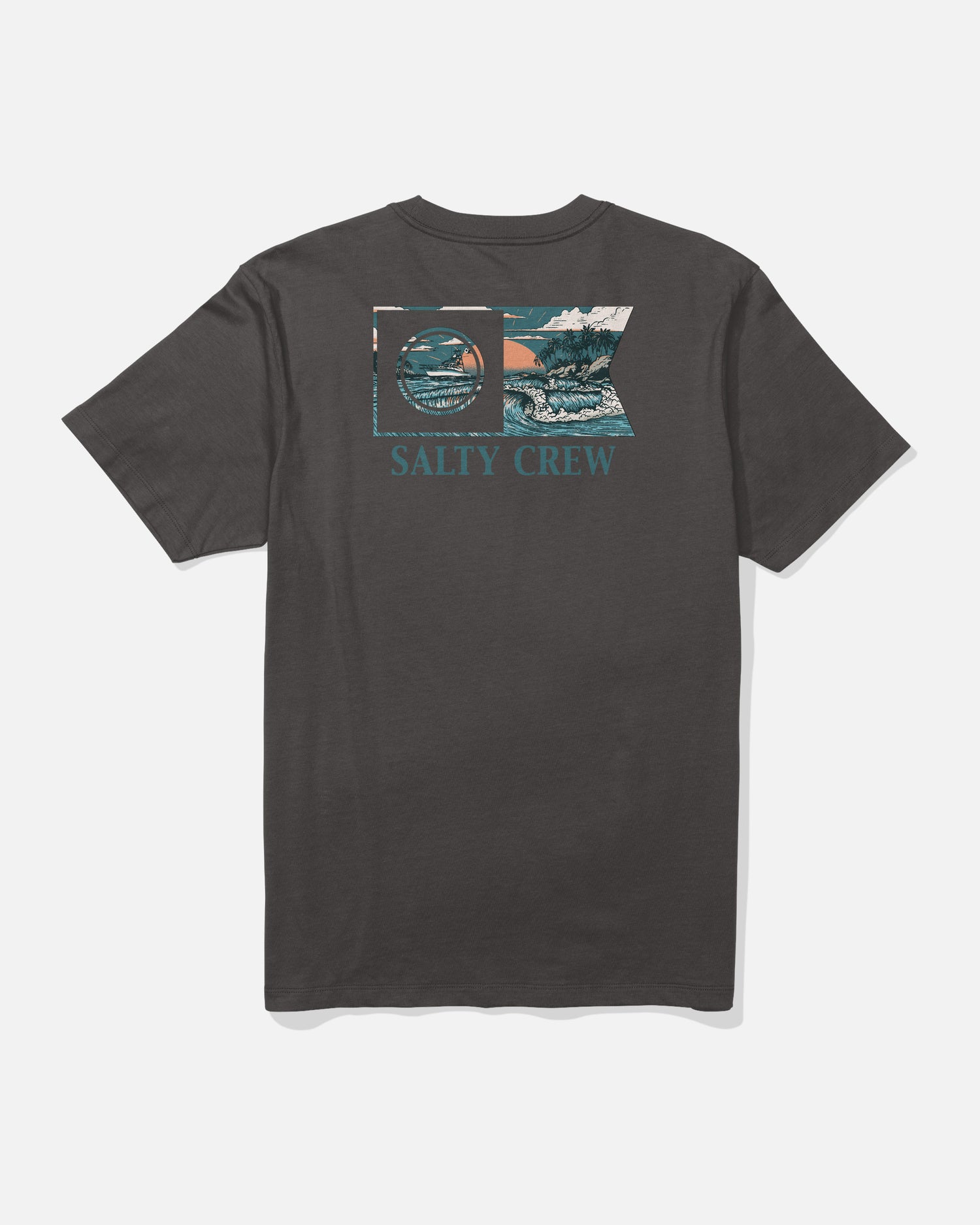 Introducing the Flagship Crew Tee in Dark Grey by Salty Crew, made from combed ringspun cotton. This t-shirt features a screenprinted graphic on the back with an ocean scene, wave, and mountains inside a rectangular design. “SALTY CREW” is printed below the artwork in teal text.