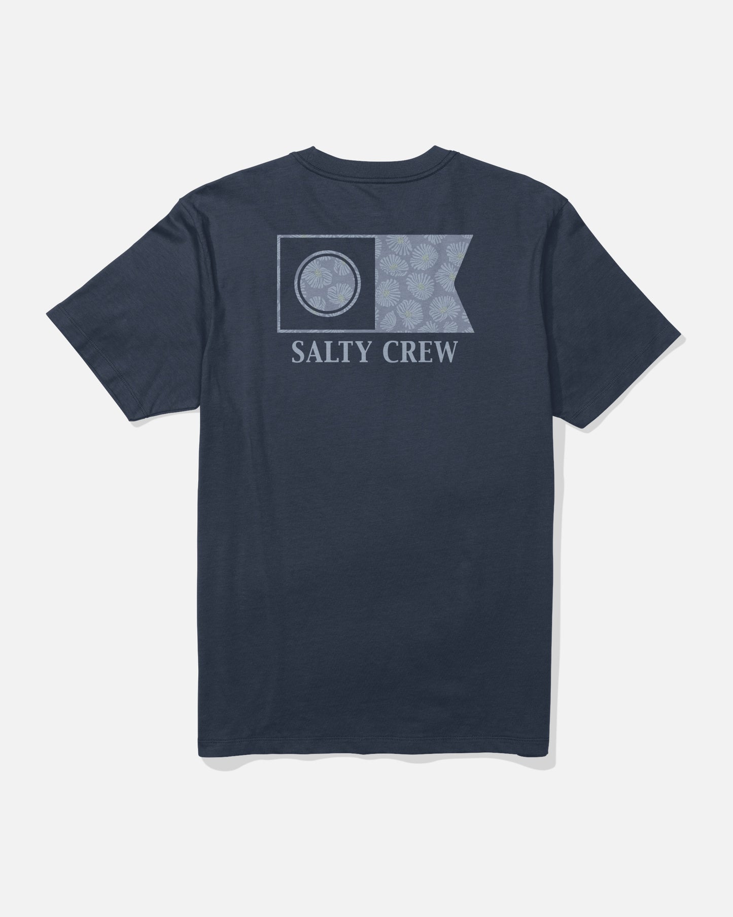 The Flagship Crew Tee by Salty Crew features a navy blue color, with a flag graphic and shell design screenprinted on the back above the SALTY CREW logo. Crafted from soft combed ringspun cotton, this t-shirt is designed for all-day comfort.