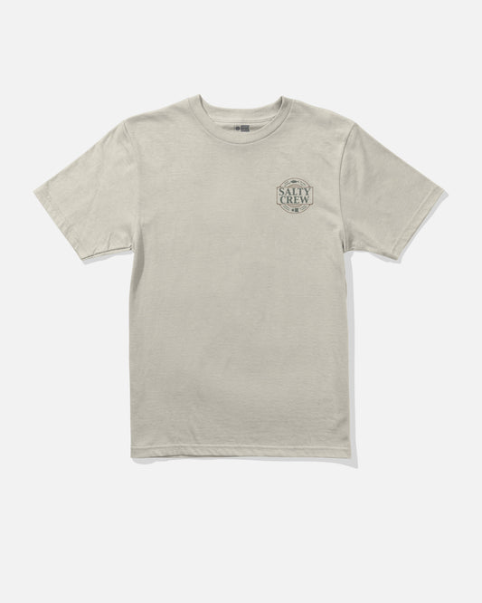 The Split Up Boys Tee - Bone by Salty Crew is a light beige, short-sleeve combed ringspun cotton t-shirt featuring a small, screenprinted Salty Crew logo on the left chest, shown on a white background.