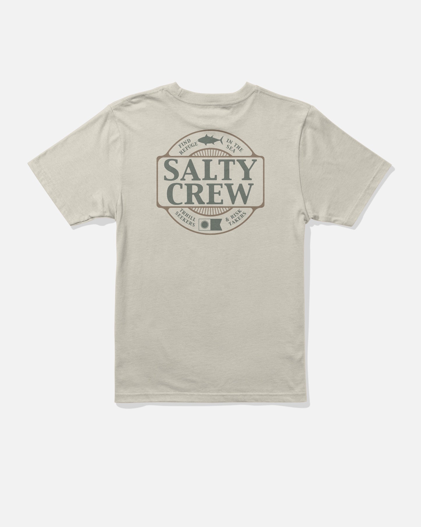 Split Up Boys Tee - Bone by Salty Crew: a beige* cotton t-shirt featuring a large Salty Crew logo with fish graphic and nautical-themed text and symbols screenprinted on the back. Made from combed ringspun cotton for extra softness, the shirt is shown laid flat on a white background. \*If you prefer to match the product data exactly, you can use “bone” instead of “beige”: Split Up Boys Tee - Bone by Salty Crew: a bone-colored cotton t-shirt...