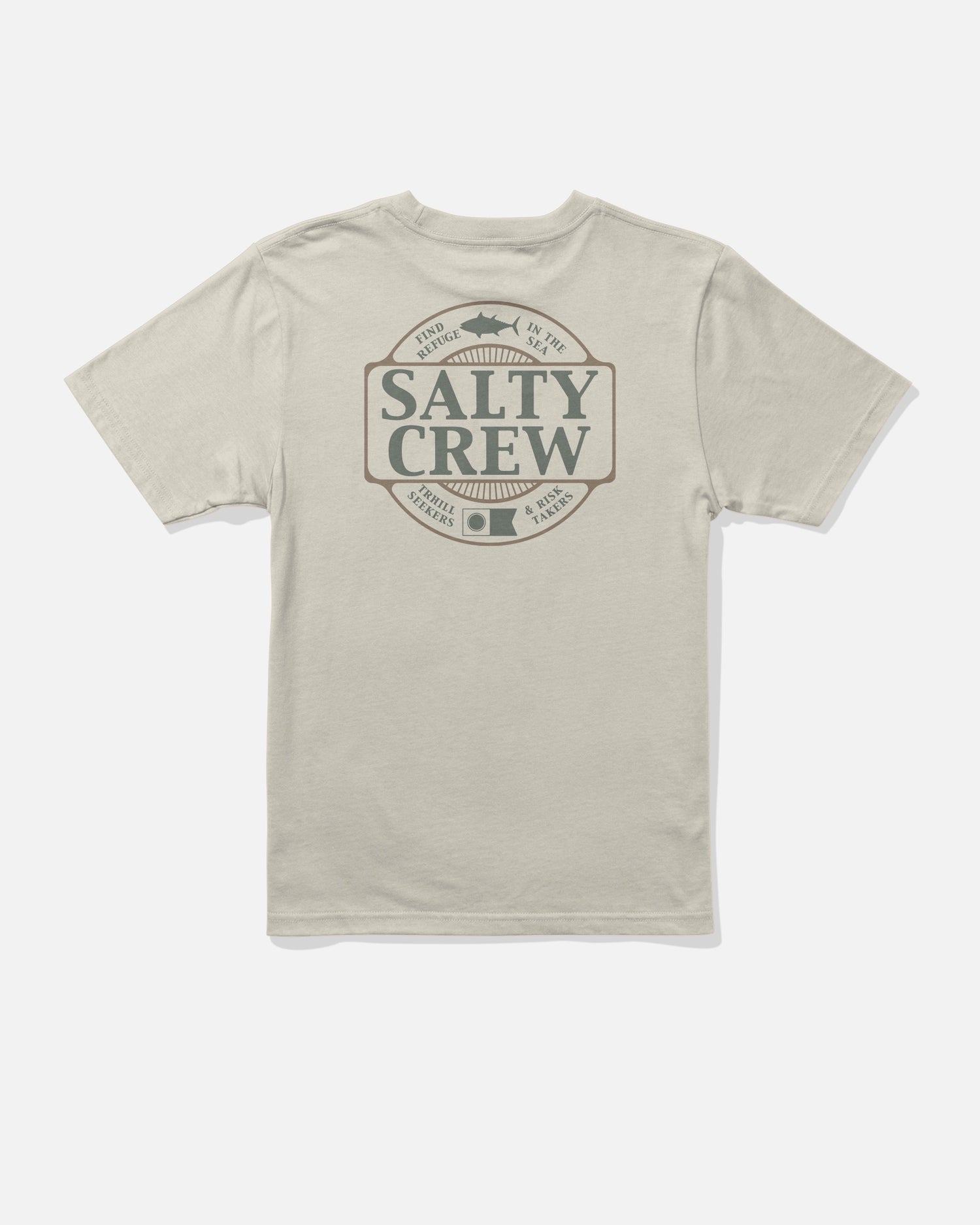 Split Up Boys Tee - Bone by Salty Crew: a beige* cotton t-shirt featuring a large Salty Crew logo with fish graphic and nautical-themed text and symbols screenprinted on the back. Made from combed ringspun cotton for extra softness, the shirt is shown laid flat on a white background. \*If you prefer to match the product data exactly, you can use “bone” instead of “beige”: Split Up Boys Tee - Bone by Salty Crew: a bone-colored cotton t-shirt...