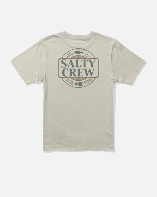 Split Up Boys Tee - Bone by Salty Crew: a beige* cotton t-shirt featuring a large Salty Crew logo with fish graphic and nautical-themed text and symbols screenprinted on the back. Made from combed ringspun cotton for extra softness, the shirt is shown laid flat on a white background. \*If you prefer to match the product data exactly, you can use “bone” instead of “beige”: Split Up Boys Tee - Bone by Salty Crew: a bone-colored cotton t-shirt...