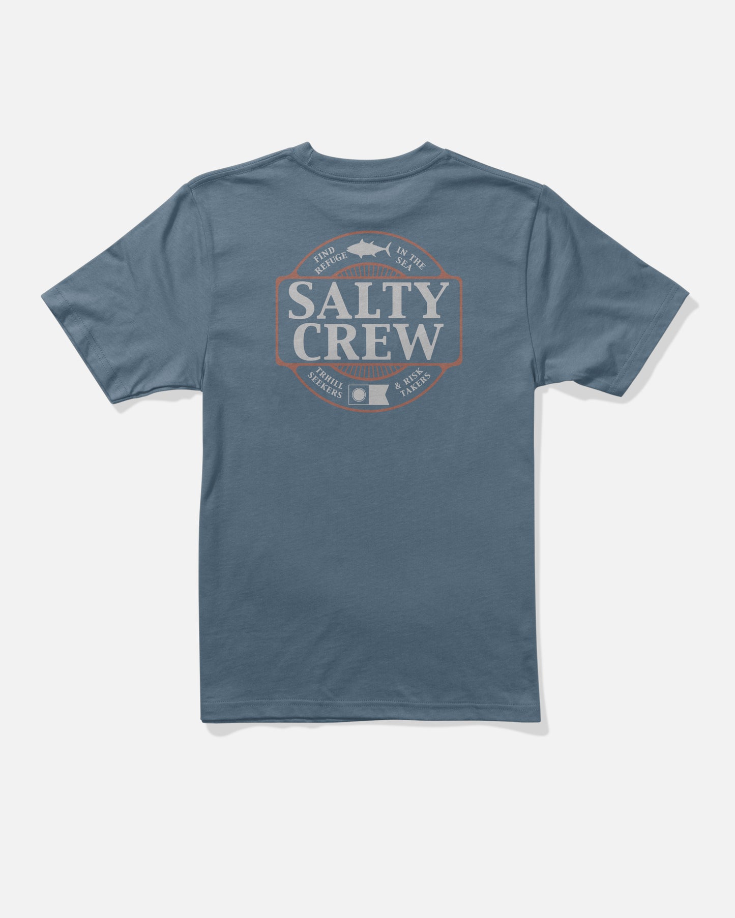 The Split Up Boys Tee by Salty Crew is a slate blue short-sleeve cotton t-shirt, featuring a large cream and orange Salty Crew logo screenprinted on the back, surrounded by fish illustrations and ocean-inspired phrases. Made from combed ringspun cotton for comfort.