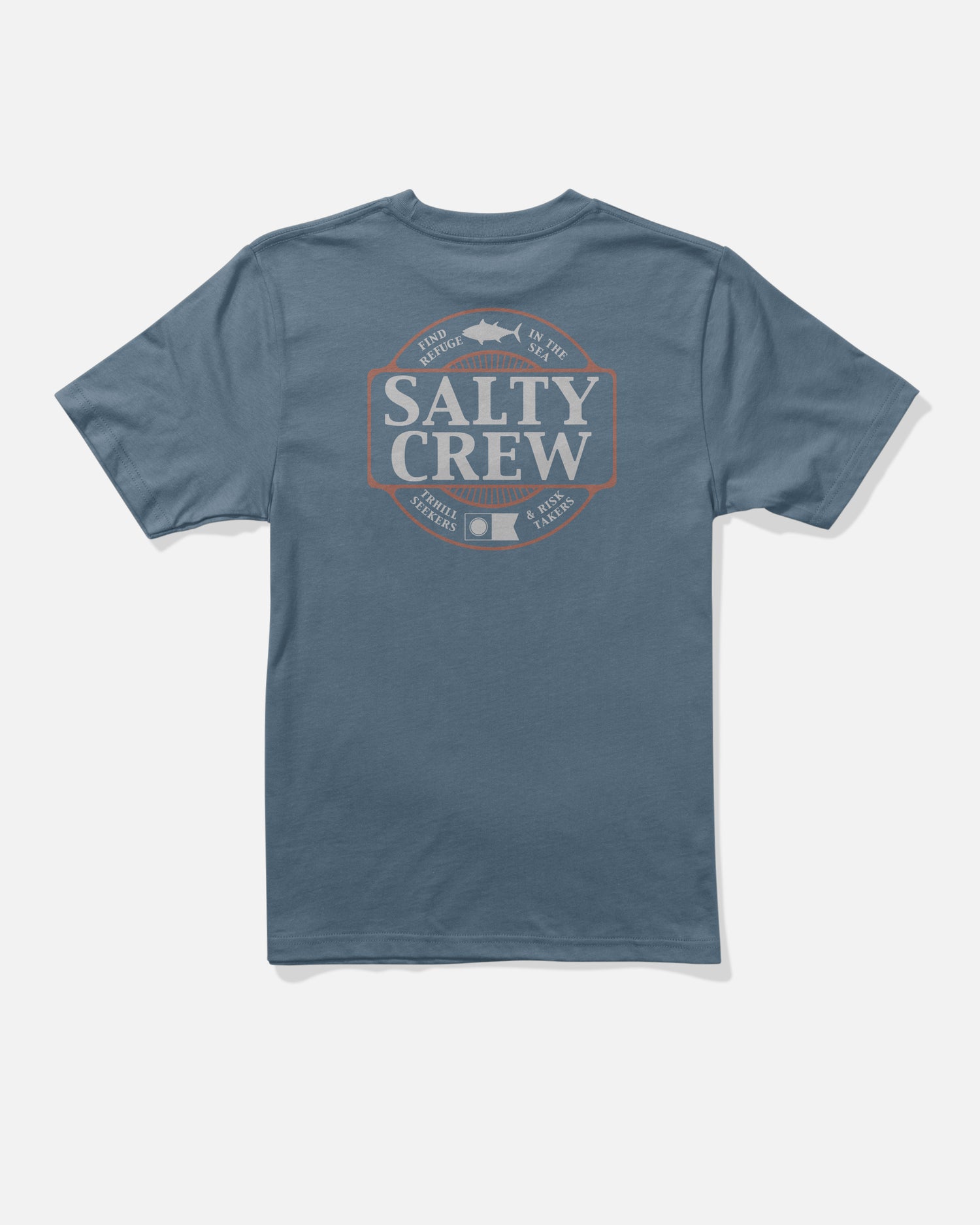 The Split Up Boys Tee by Salty Crew is a slate blue short-sleeve cotton t-shirt, featuring a large cream and orange Salty Crew logo screenprinted on the back, surrounded by fish illustrations and ocean-inspired phrases. Made from combed ringspun cotton for comfort.