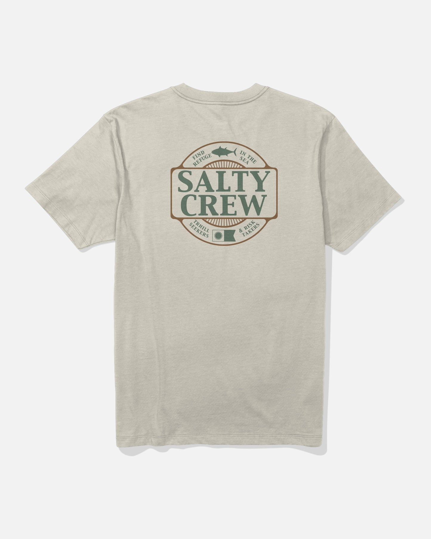 Introducing the Salty Crew Split Up Crew Tee in Bone—a soft, combed ringspun cotton t-shirt featuring a large screenprinted back graphic with the text “Salty Crew” and “Find Refuge in the Sea” below a striking fish illustration. Designed for everyday comfort and style.