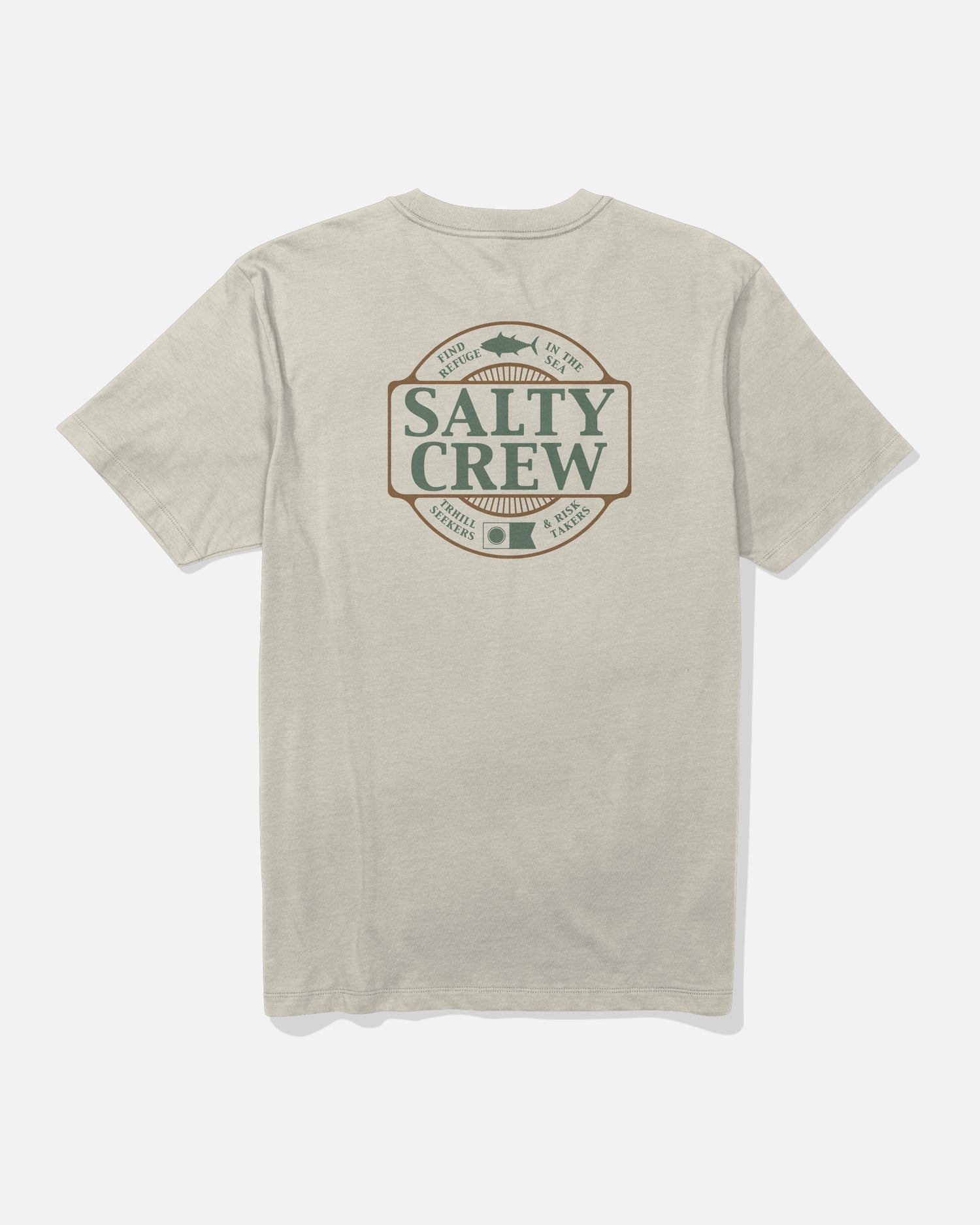 Introducing the Salty Crew Split Up Crew Tee in Bone—a soft, combed ringspun cotton t-shirt featuring a large screenprinted back graphic with the text “Salty Crew” and “Find Refuge in the Sea” below a striking fish illustration. Designed for everyday comfort and style.