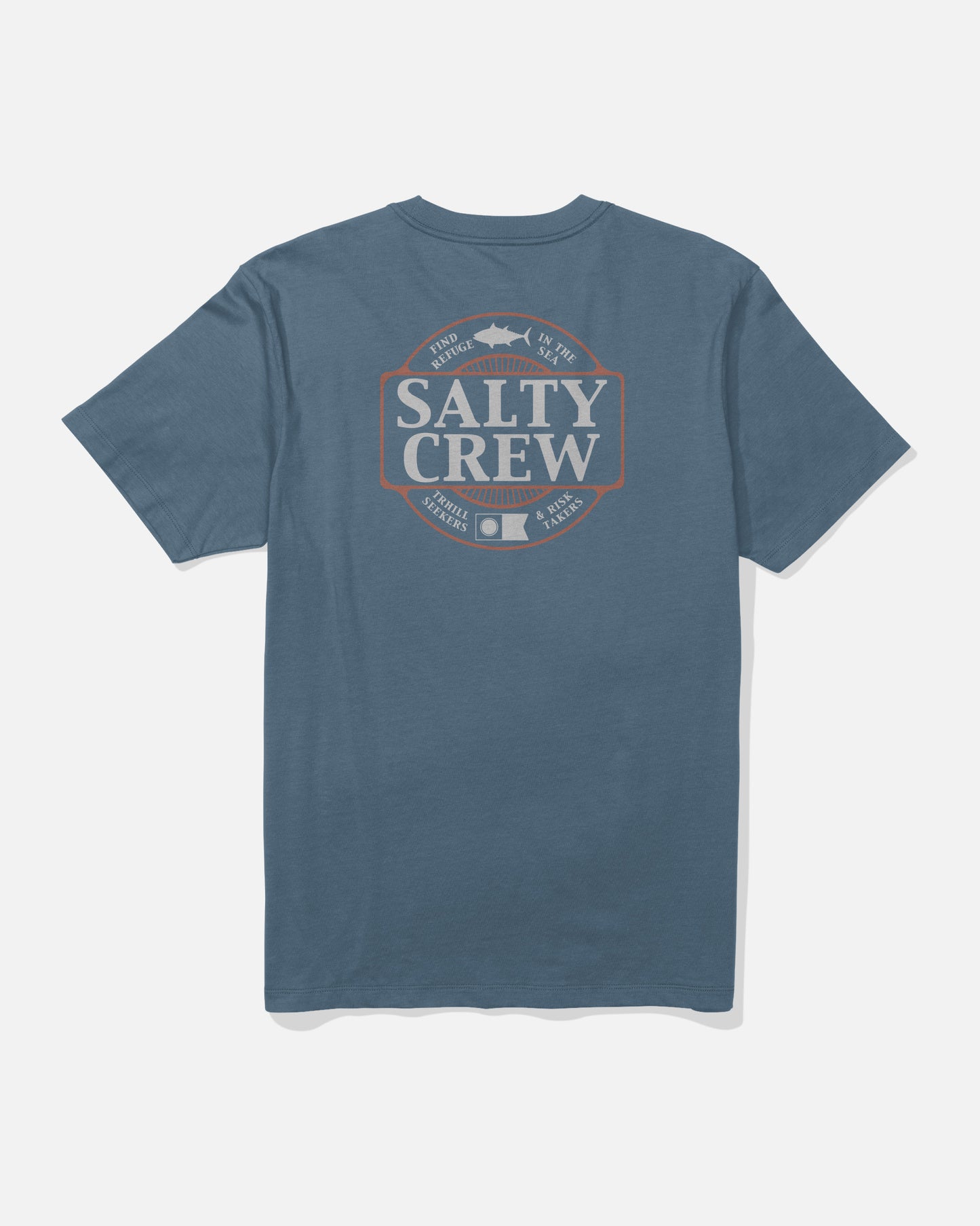 The Split Up Crew Tee - Slate by Salty Crew is a blue, short-sleeve, screenprinted cotton t-shirt featuring a bold Salty Crew back graphic in large letters, encircled by a fish design with text below. Made from soft combed ringspun fabric for all-day comfort.