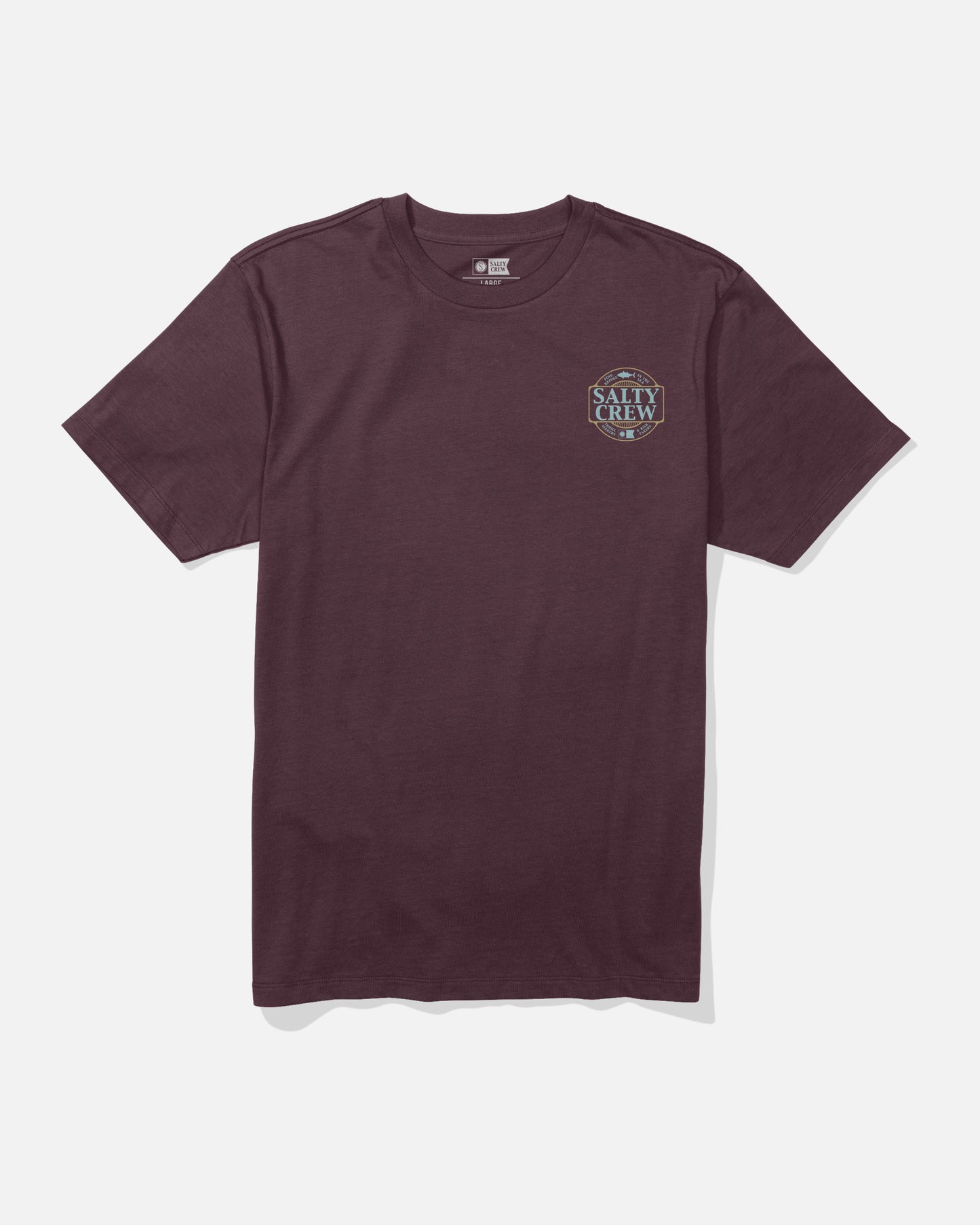 The Split Up Crew Tee by Salty Crew is a wine-colored, short-sleeve cotton t-shirt featuring a small circular Salty Crew logo screenprinted on the left chest. The combed ringspun tee is displayed flat against a plain white background.