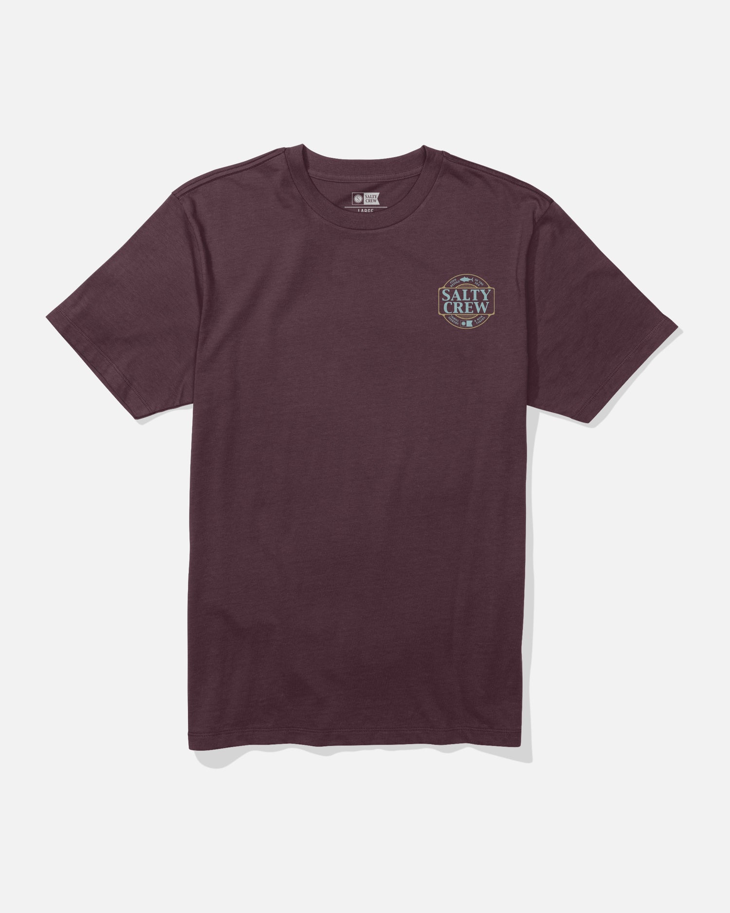 The Split Up Crew Tee by Salty Crew is a wine-colored, short-sleeve cotton t-shirt featuring a small circular Salty Crew logo screenprinted on the left chest. The combed ringspun tee is displayed flat against a plain white background.