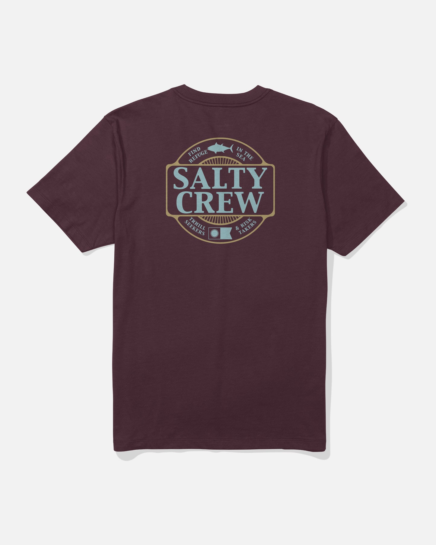 The Salty Crew Split Up Crew Tee in Wine is a combed ringspun cotton t-shirt featuring a large back graphic with blue and tan Salty Crew branding, a fish illustration, and the phrases “Find Refuge In The Sea” and “Thrill Seekers & Risk Takers,” all screenprinted for vibrant, lasting detail.