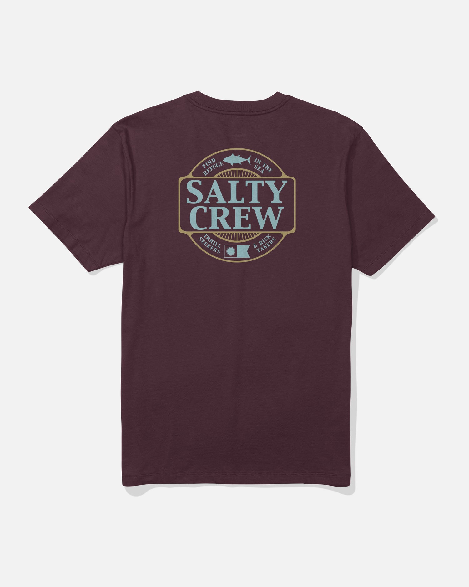 The Salty Crew Split Up Crew Tee in Wine is a combed ringspun cotton t-shirt featuring a large back graphic with blue and tan Salty Crew branding, a fish illustration, and the phrases “Find Refuge In The Sea” and “Thrill Seekers & Risk Takers,” all screenprinted for vibrant, lasting detail.