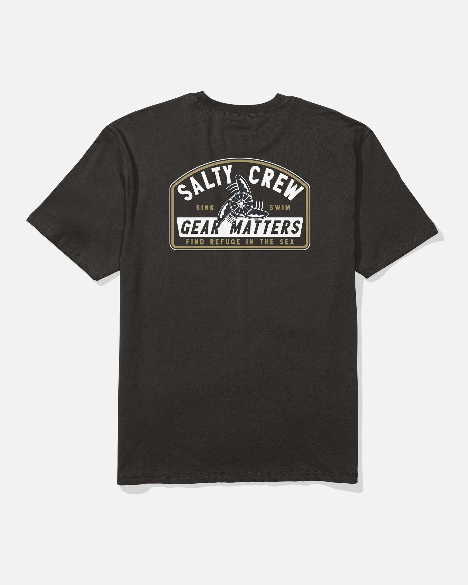 Introducing the Salty Crew Gear Shop Original Tee - Black, crafted from 100% cotton soft spun fabric for lasting comfort and durability. This t-shirt features a striking screenprinted back graphic that reads “Salty Crew Gear Matters” and “Find Refuge in the Sea,” highlighted by a bold nautical wheel illustration.