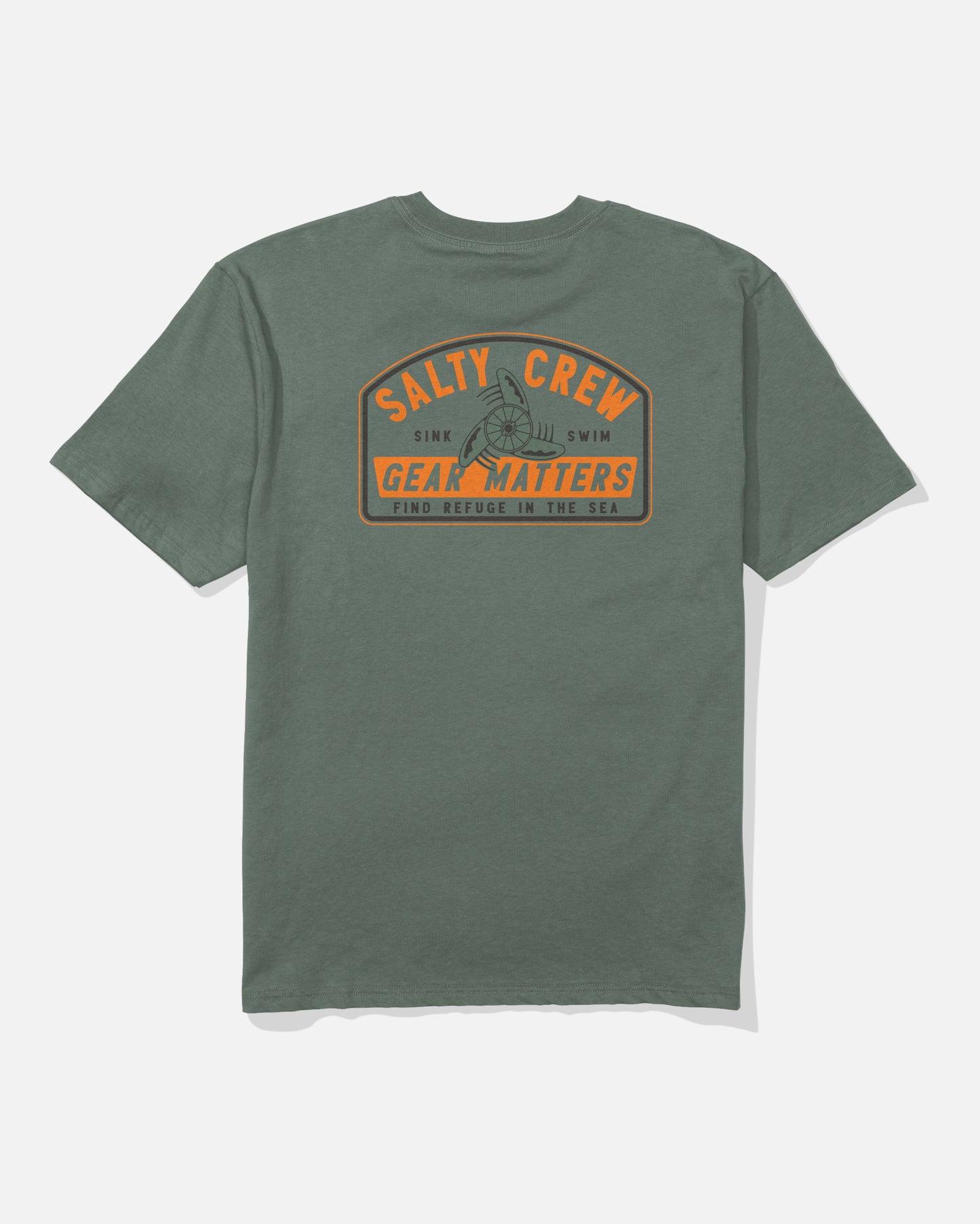Introducing the Salty Crew Gear Shop Original Tee - Laurel Wreath: a green soft-spun cotton t-shirt featuring a bold orange and black Salty Crew logo screenprinted on the back. The design includes the phrases “Sink or Swim,” “Gear Matters,” and “Find Refuge in the Sea” alongside a graphic of a fishing reel.