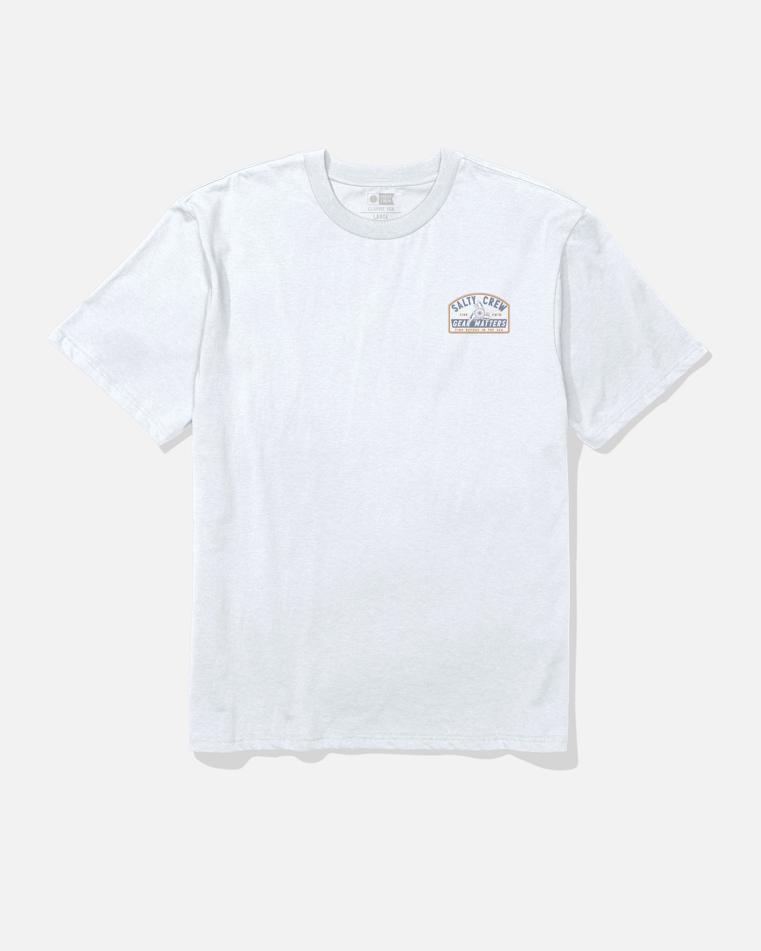 The Salty Crew Gear Shop Original Tee in white is a short-sleeve cotton t-shirt featuring a small, colorful screenprinted graphic logo on the left chest, shown laid flat against a light background.