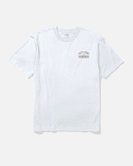 The Salty Crew Gear Shop Original Tee in white is a short-sleeve cotton t-shirt featuring a small, colorful screenprinted graphic logo on the left chest, shown laid flat against a light background.