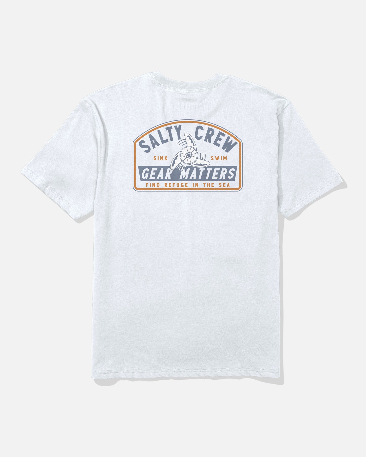 The Salty Crew Gear Shop Original Tee - White is a soft-spun cotton t-shirt in light gray, featuring a back graphic with “Gear Matters, Sink Swim, Find Refuge in the Sea” printed in blue and brown alongside an anchor illustration at the center.