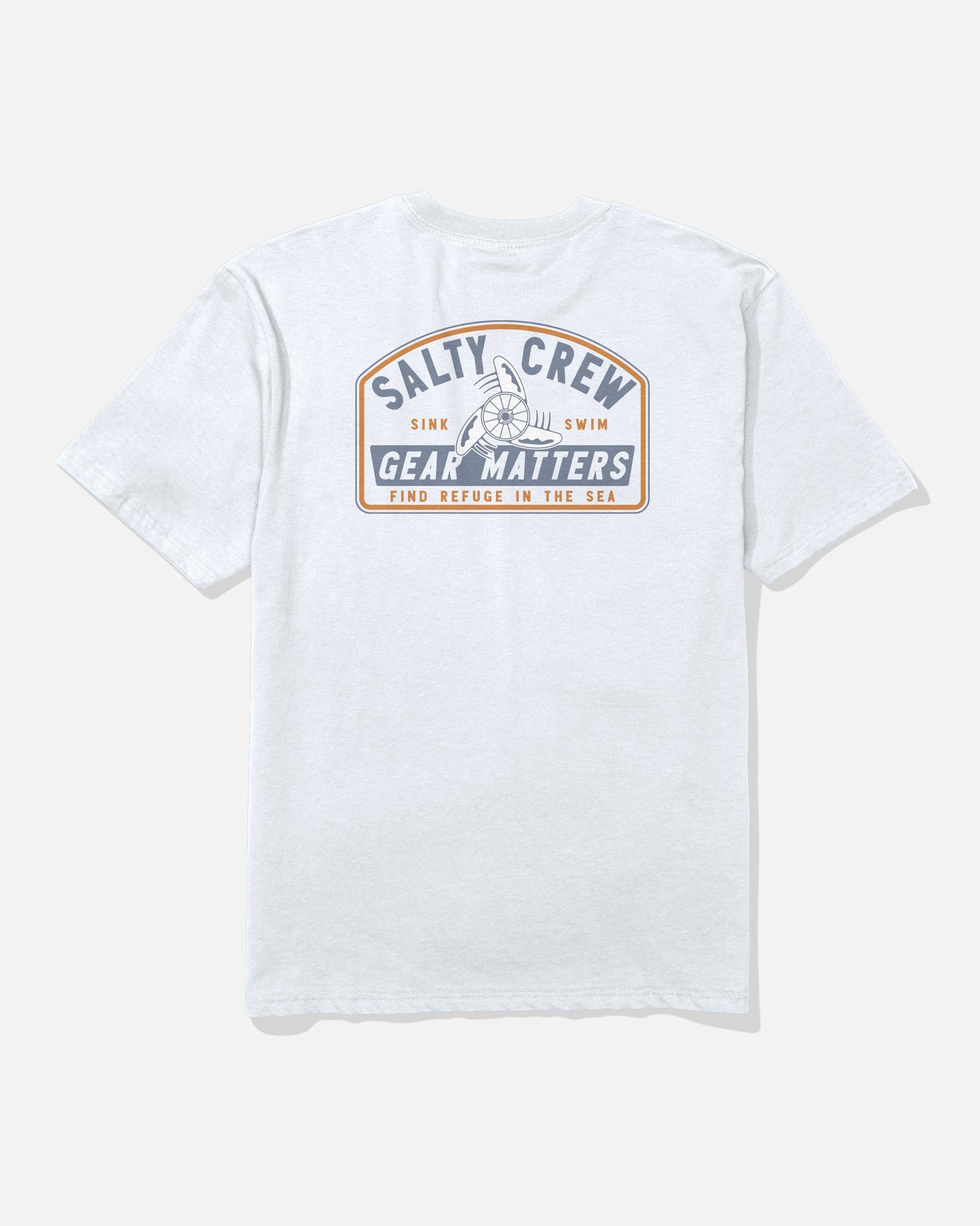 The Salty Crew Gear Shop Original Tee - White is a soft-spun cotton t-shirt in light gray, featuring a back graphic with “Gear Matters, Sink Swim, Find Refuge in the Sea” printed in blue and brown alongside an anchor illustration at the center.