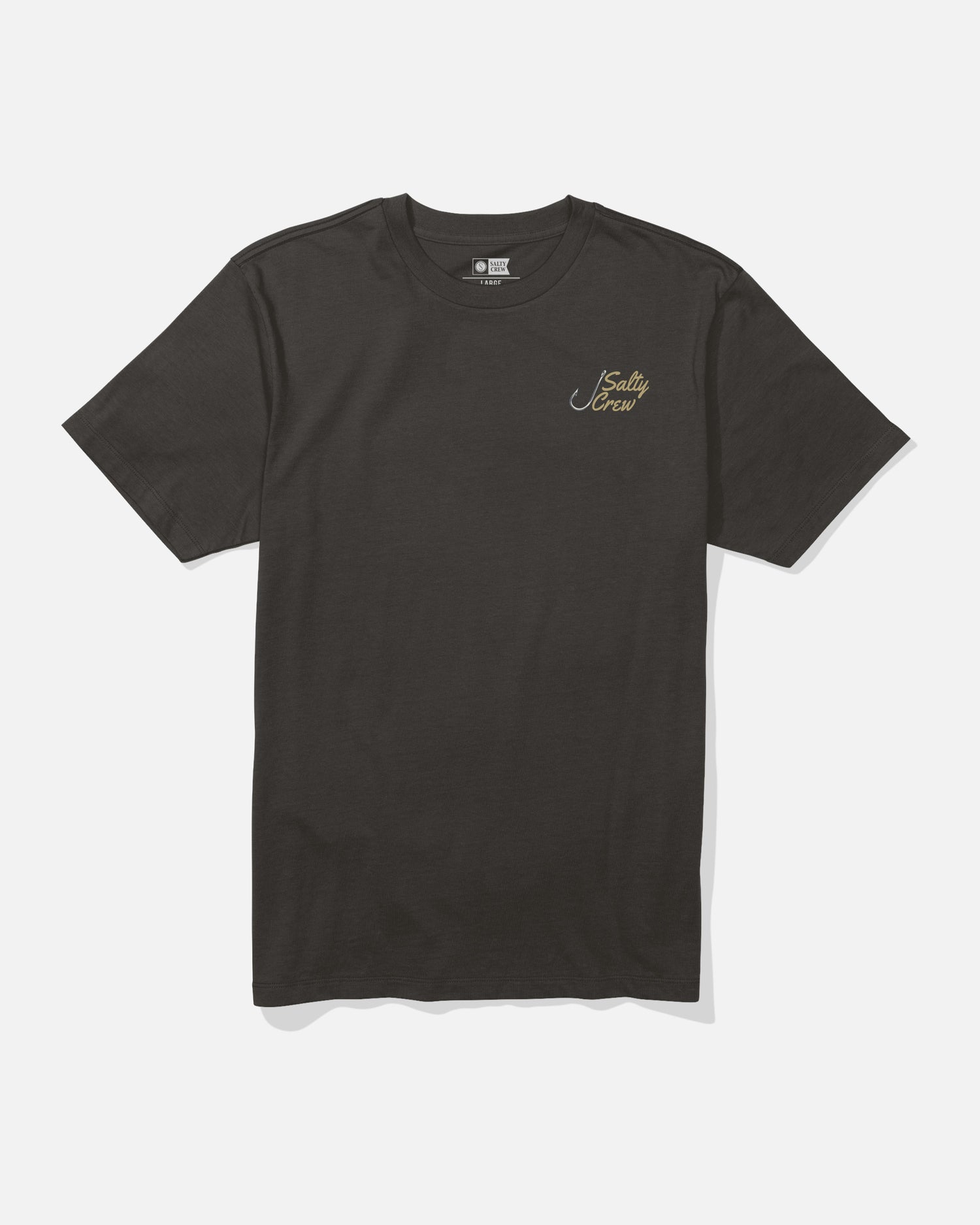 The Salty Crew Hooked Up Crew Tee - Black is a plain black short-sleeve t-shirt made from combed ringspun cotton, featuring a small gold Salty Crew logo screenprinted on the upper left chest. The shirt is laid flat on a white background.