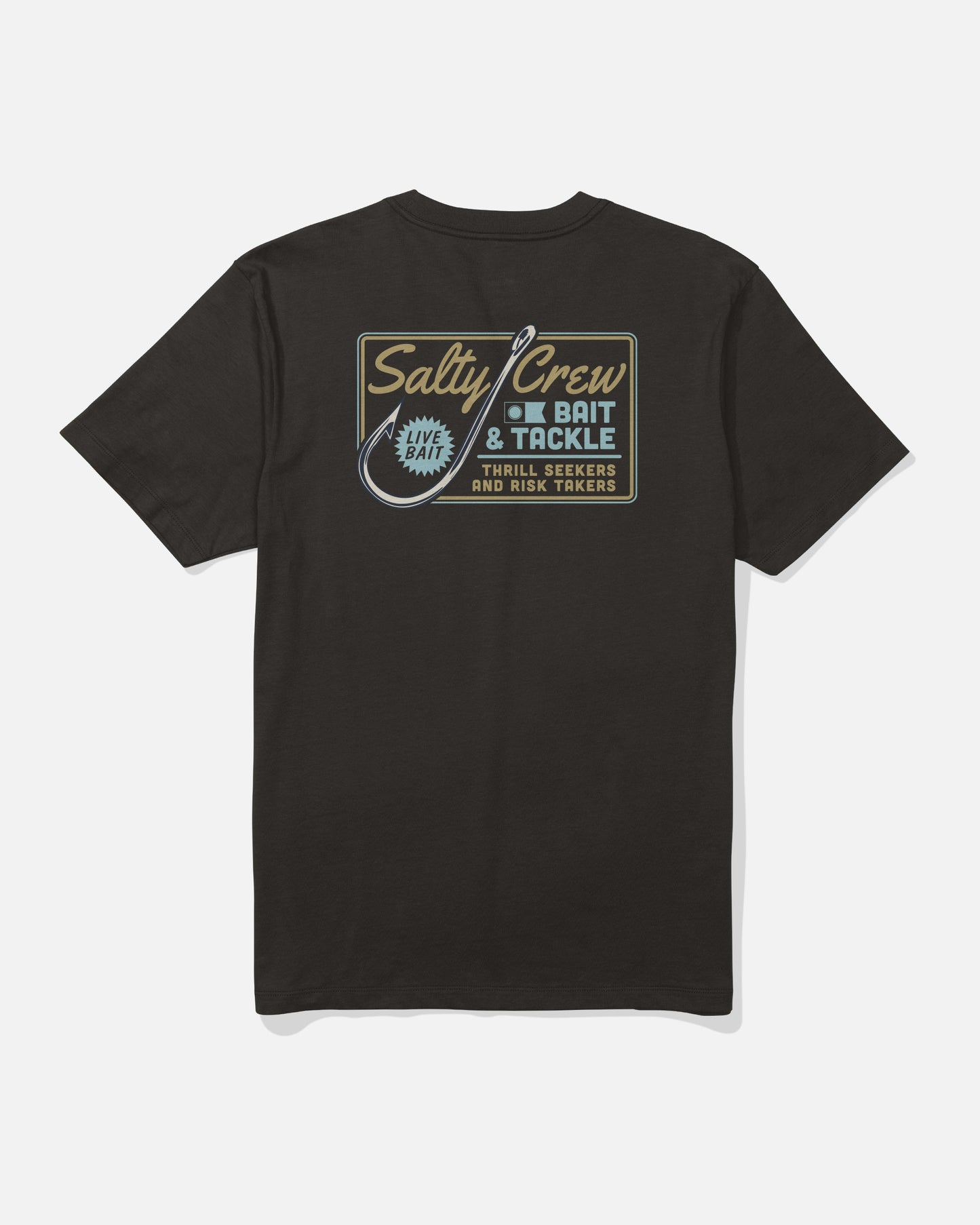 Back of the Salty Crew Hooked Up Crew Tee in black, featuring a screenprinted graphic with “Salty Crew Bait & Tackle” and “Thrill Seekers and Risk Takers,” plus a fish hook and bait illustration, on combed ringspun cotton.