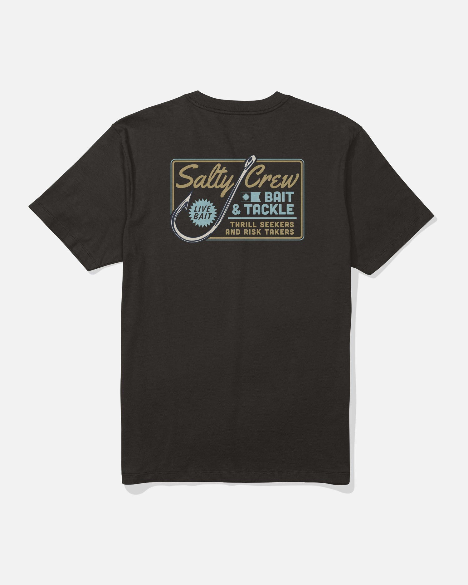 Back of the Salty Crew Hooked Up Crew Tee in black, featuring a screenprinted graphic with “Salty Crew Bait & Tackle” and “Thrill Seekers and Risk Takers,” plus a fish hook and bait illustration, on combed ringspun cotton.