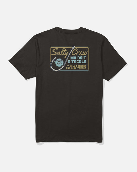 Back of the Salty Crew Hooked Up Crew Tee in black, featuring a screenprinted graphic with “Salty Crew Bait & Tackle” and “Thrill Seekers and Risk Takers,” plus a fish hook and bait illustration, on combed ringspun cotton.