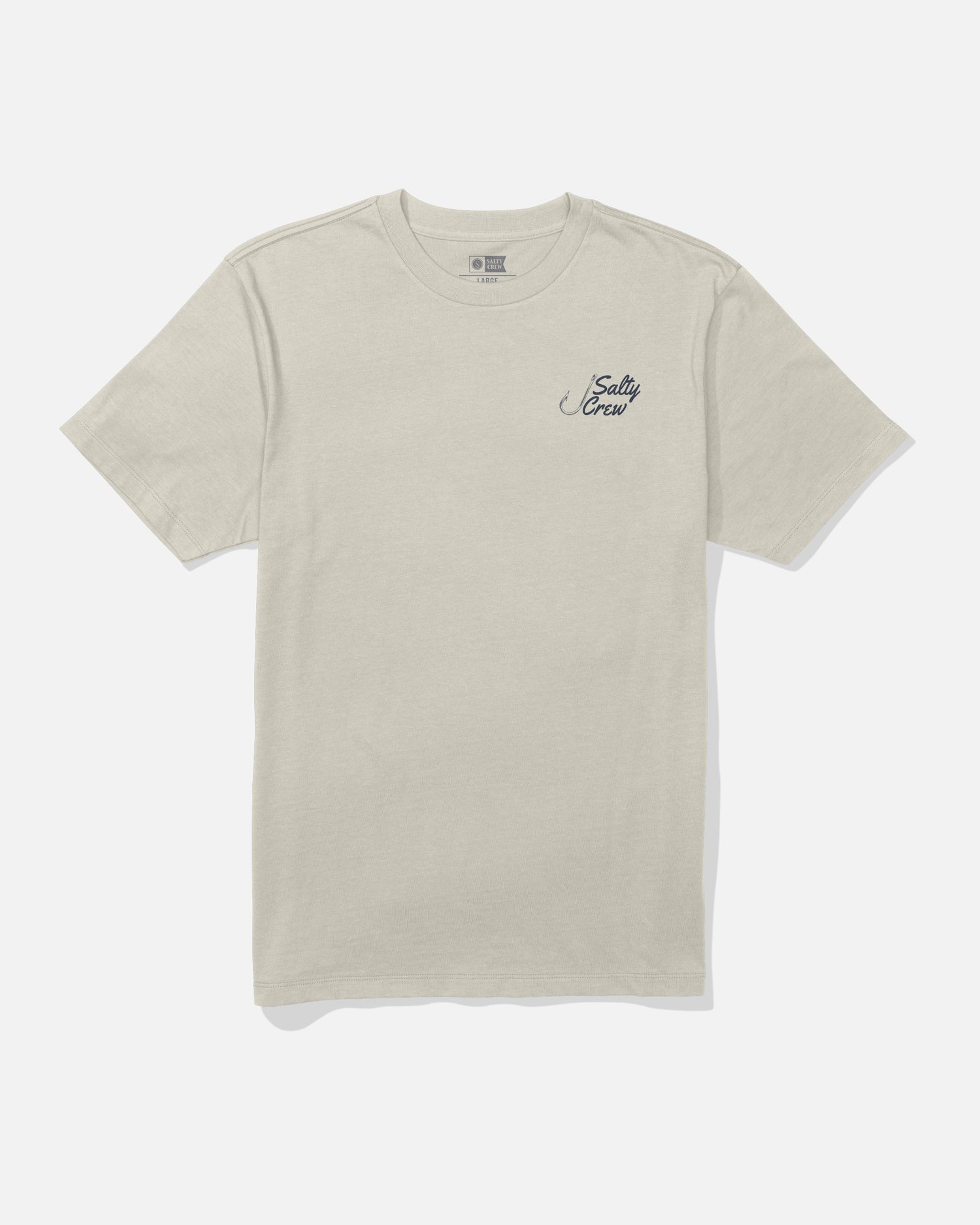 Bone-colored short-sleeve cotton Hooked Up Crew Tee by Salty Crew displayed on a white background, featuring the Salty Crew logo in black script screenprinted on the left chest area.