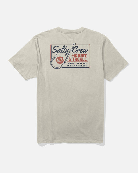 The Salty Crew Hooked Up Crew Tee in Bone is a soft combed ringspun cotton t-shirt featuring a large back graphic with “Salty Crew Bait & Tackle” and “Thrill Seekers and Risk Takers,” complete with a fish hook and bait illustration for everyday comfort.