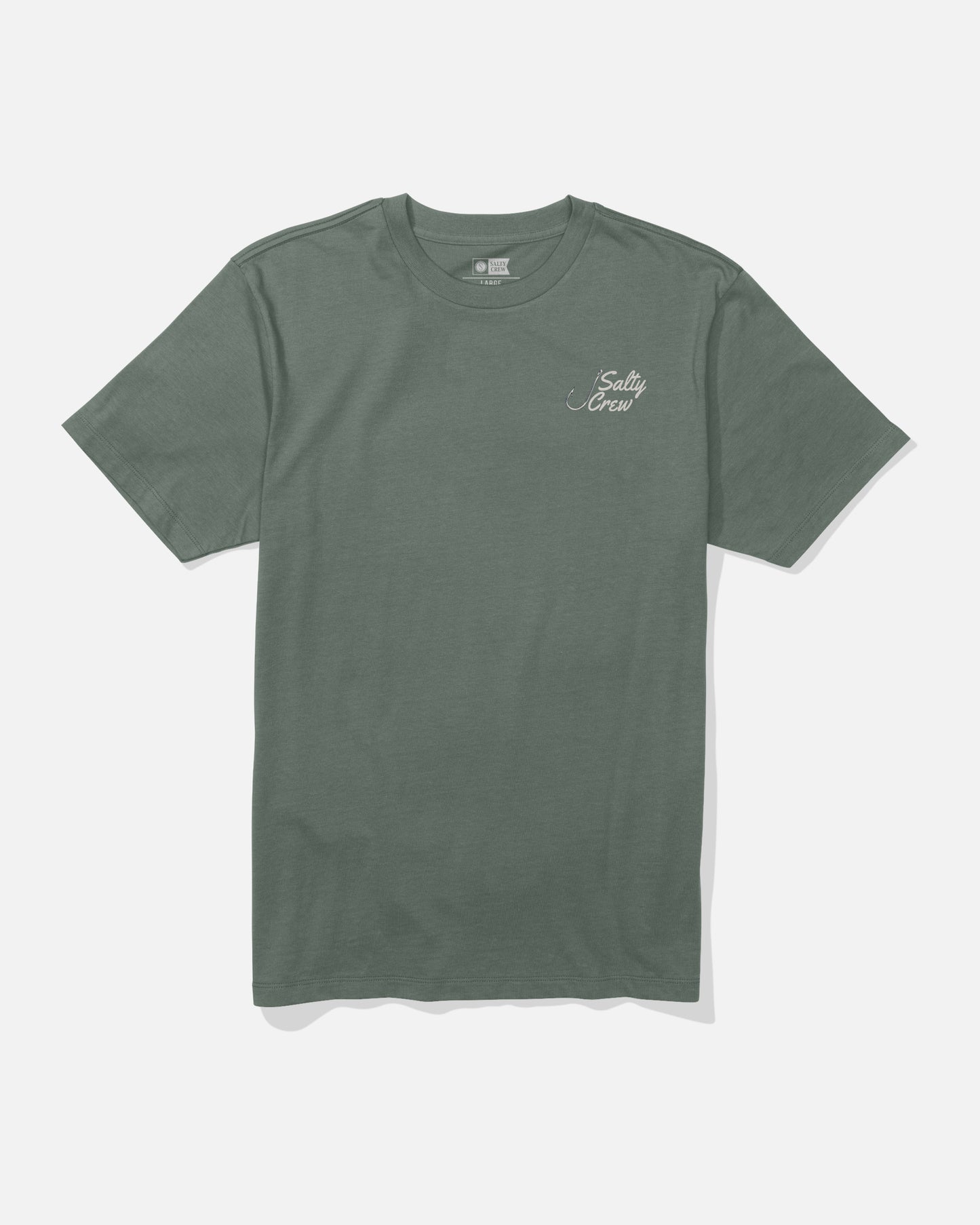The Salty Crew Hooked Up Crew Tee in Laurel Wreath is a plain green short-sleeve t-shirt made from combed ringspun cotton, featuring white Salty Crew screenprinting on the left chest and displayed flat on a white background.