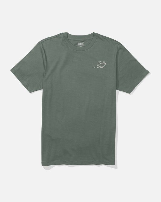 The Salty Crew Hooked Up Crew Tee in Laurel Wreath is a plain green short-sleeve t-shirt made from combed ringspun cotton, featuring white Salty Crew screenprinting on the left chest and displayed flat on a white background.