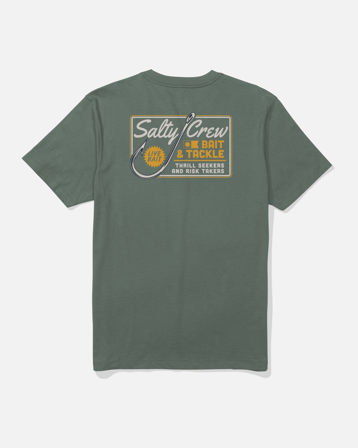 Introducing the Hooked Up Crew Tee - Laurel Wreath by Salty Crew. This green cotton t-shirt features a screenprinted graphic on the back showcasing a fish hook and the words “Salty Crew Bait & Tackle.” Made from soft, combed ringspun cotton, this tee is finished with “Thrill Seekers and Risk Takers” displayed in retro-style fonts and colors.