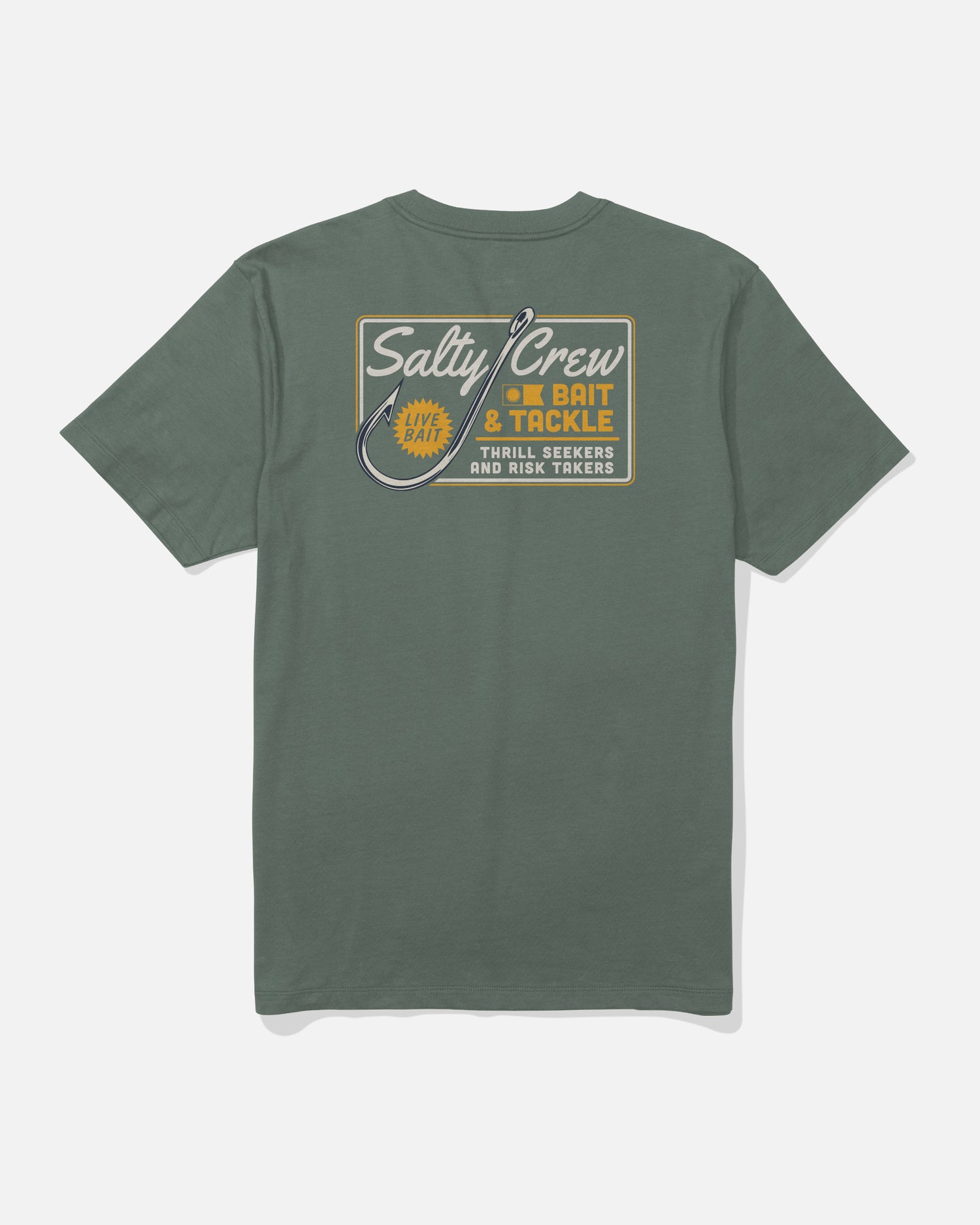 Introducing the Hooked Up Crew Tee - Laurel Wreath by Salty Crew. This green cotton t-shirt features a screenprinted graphic on the back showcasing a fish hook and the words “Salty Crew Bait & Tackle.” Made from soft, combed ringspun cotton, this tee is finished with “Thrill Seekers and Risk Takers” displayed in retro-style fonts and colors.