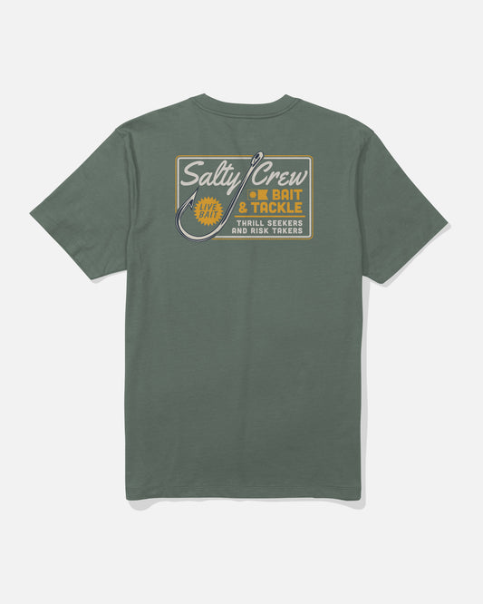 Introducing the Hooked Up Crew Tee - Laurel Wreath by Salty Crew. This green cotton t-shirt features a screenprinted graphic on the back showcasing a fish hook and the words “Salty Crew Bait & Tackle.” Made from soft, combed ringspun cotton, this tee is finished with “Thrill Seekers and Risk Takers” displayed in retro-style fonts and colors.