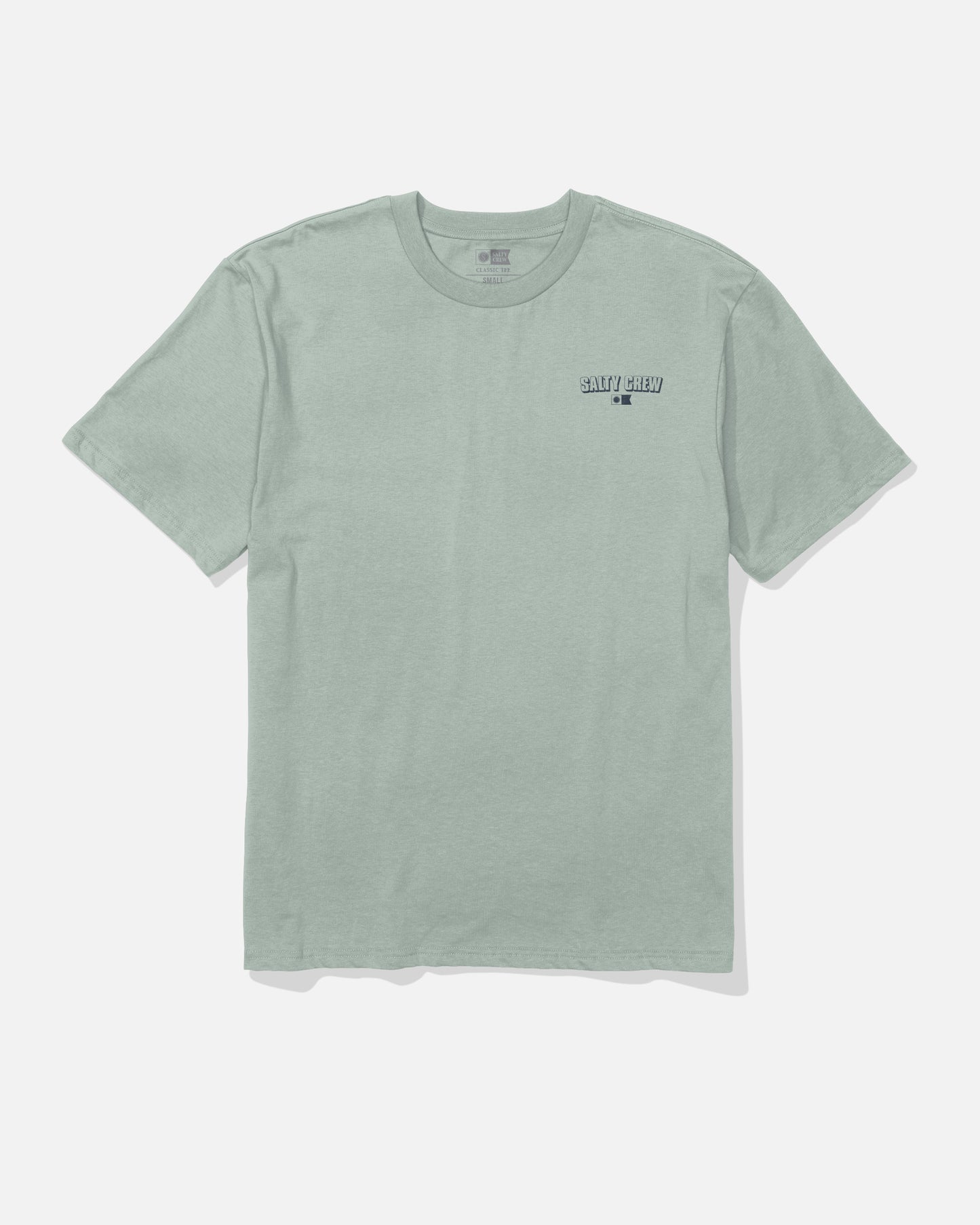 Aqua grey short-sleeve cotton “Simple Original Tee” by Salty Crew, featuring small black screenprinted “SALTY CREW” text and a circular symbol on the left chest. The soft spun shirt is laid flat on a plain white background.