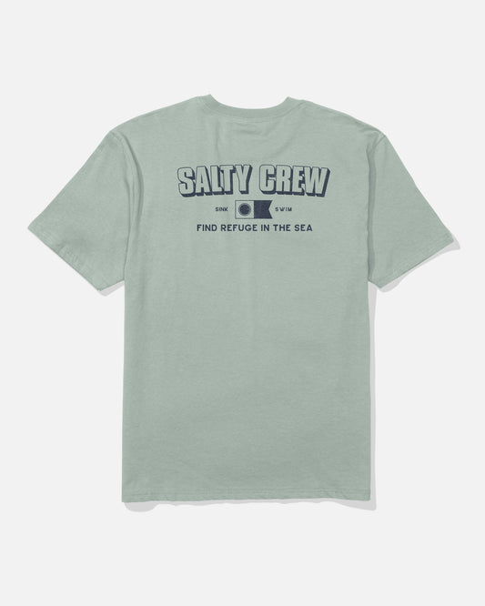 Aqua Grey, soft spun cotton Simple Original Tee by Salty Crew, featuring SALTY CREW in large letters on the back, a screenprinted graphic below with the words SINK and SWIM, and the phrase FIND REFUGE IN THE SEA underneath. Shirt is displayed flat with the back facing up.
