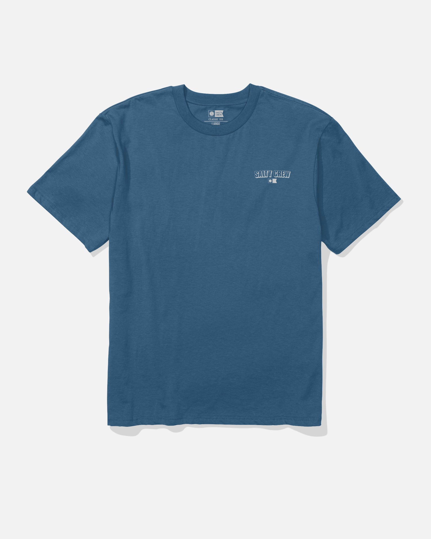 Salty Crew Simple Original Tee in Cast Blue, a short-sleeve cotton t-shirt featuring a small white screenprinted graphic and text on the left chest, displayed on a plain white background.