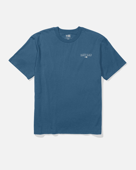 Salty Crew Simple Original Tee in Cast Blue, a short-sleeve cotton t-shirt featuring a small white screenprinted graphic and text on the left chest, displayed on a plain white background.