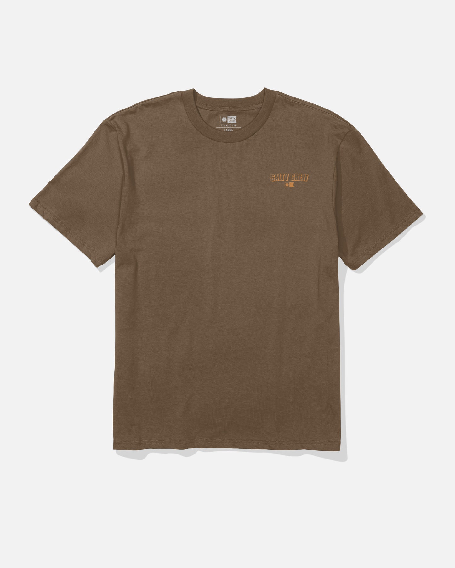Salty Crew Simple Original Tee - Sepia: A brown short-sleeve cotton t-shirt featuring small orange “SALTY CREW” text above “MFG” screenprinted on the left chest, displayed on a plain white background.