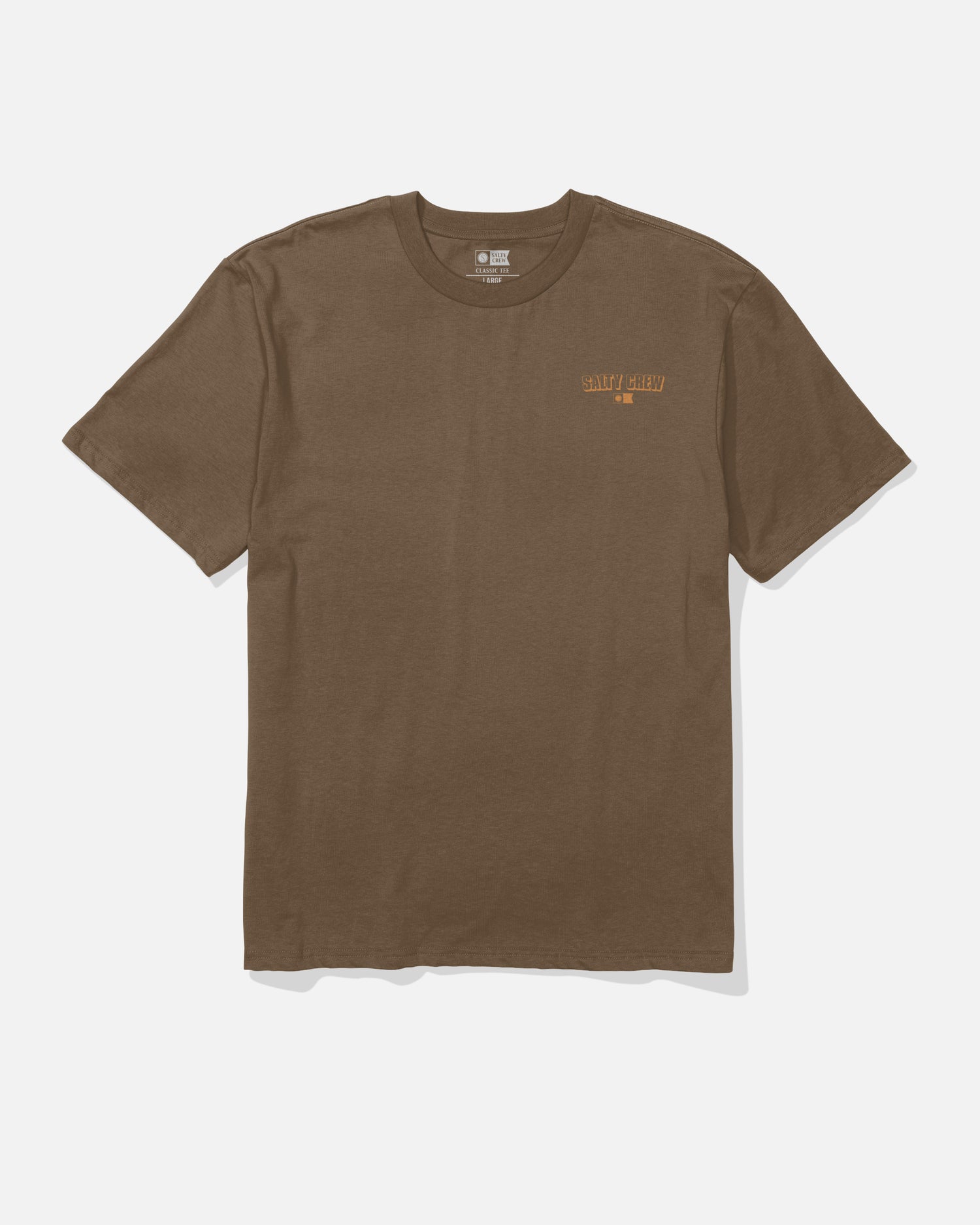Salty Crew Simple Original Tee - Sepia: A brown short-sleeve cotton t-shirt featuring small orange “SALTY CREW” text above “MFG” screenprinted on the left chest, displayed on a plain white background.