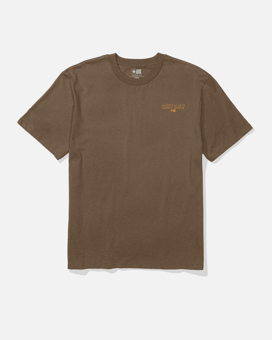 Salty Crew Simple Original Tee - Sepia: A brown short-sleeve cotton t-shirt featuring small orange “SALTY CREW” text above “MFG” screenprinted on the left chest, displayed on a plain white background.