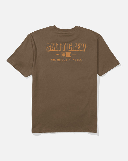 Sepia-colored, soft spun cotton Salty Crew Simple Original Tee featuring large yellow SALTY CREW lettering screenprinted on the back above a small graphic and the text “SINK SWIM” and “FIND REFUGE IN THE SEA.”.