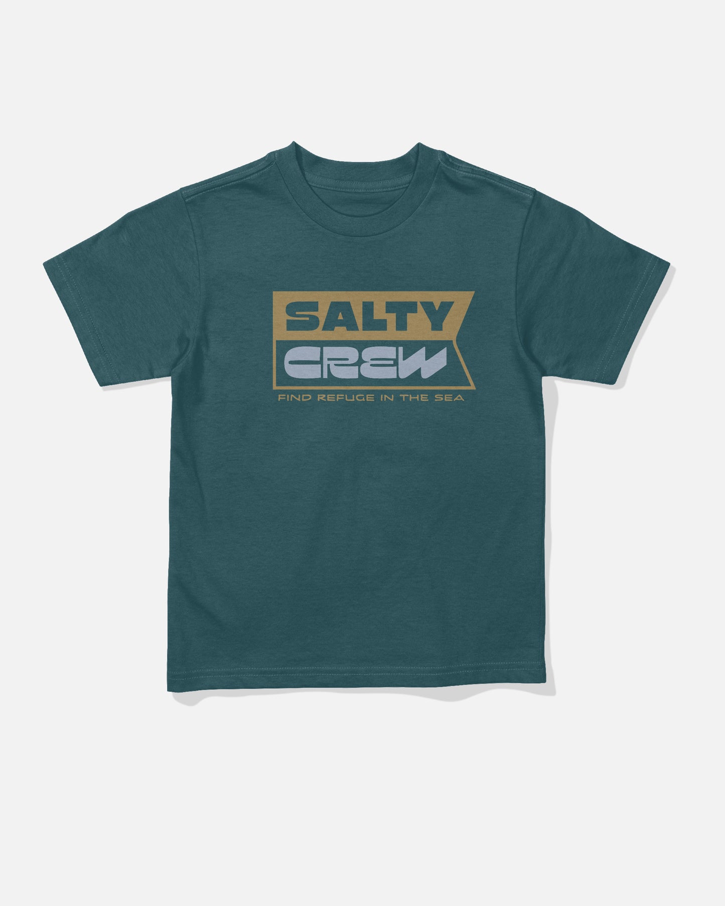 The Salty Crew Inverse Flag Toddler Tee in Atlantic Blue is a short-sleeved cotton t-shirt made from soft combed ringspun fabric. It features a gold and light blue screenprinted chest graphic with the words “SALTY CREW” inside a banner, and “FIND REFUGE IN THE SEA” displayed underneath.