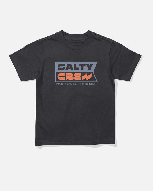 Black combed ringspun cotton Inverse Flag Toddler Tee by Salty Crew, featuring SALTY CREW in large gray and orange letters with “FIND REFUGE IN THE SEA” in small white text below. Simple screenprinted graphic design on the chest.