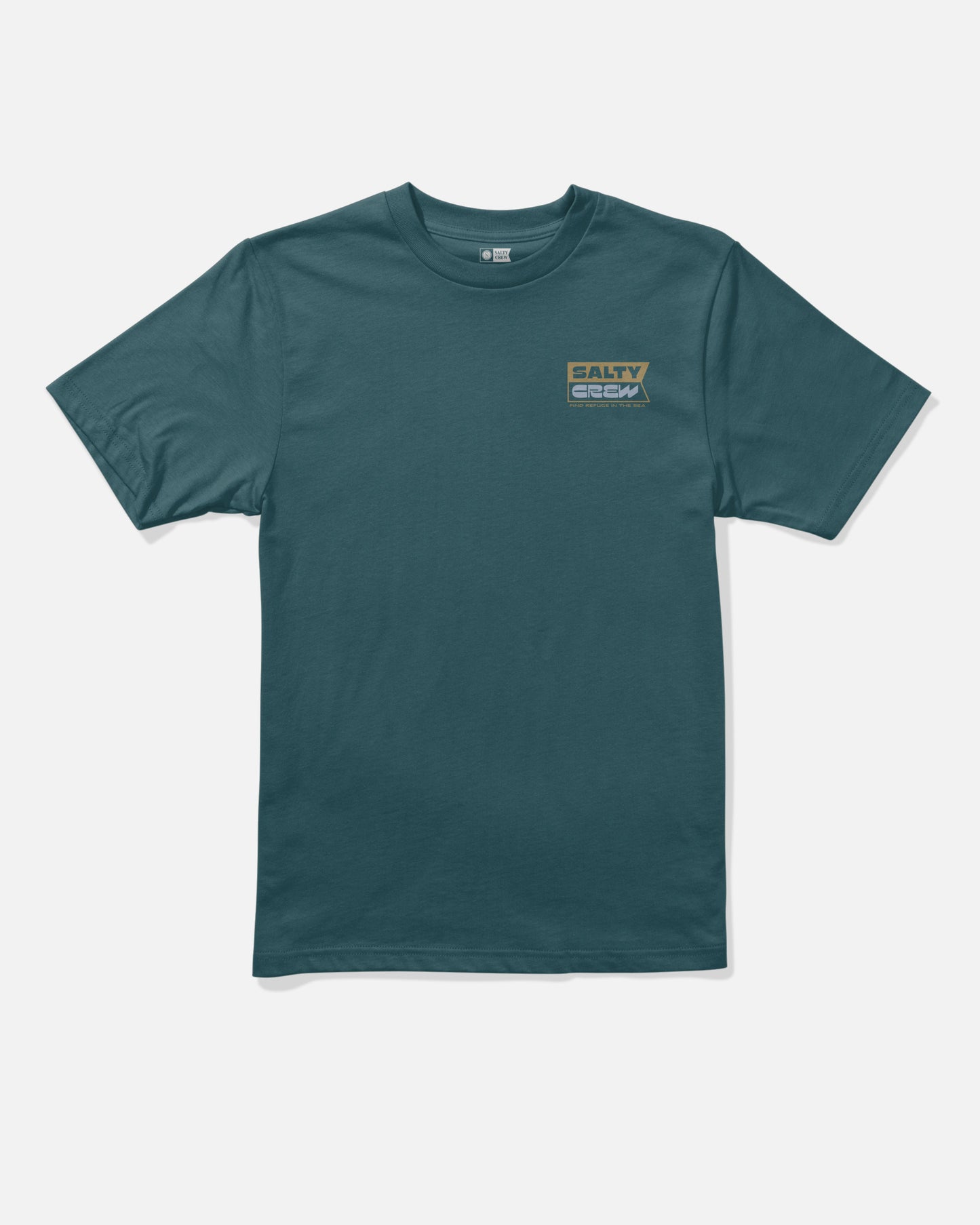 The Inverse Flag Boys Tee in Atlantic Blue by Salty Crew is a short-sleeve, combed ringspun cotton t-shirt featuring a small tan and blue Salty Crew logo screenprinted on the left chest. The shirt is displayed on a plain white background.