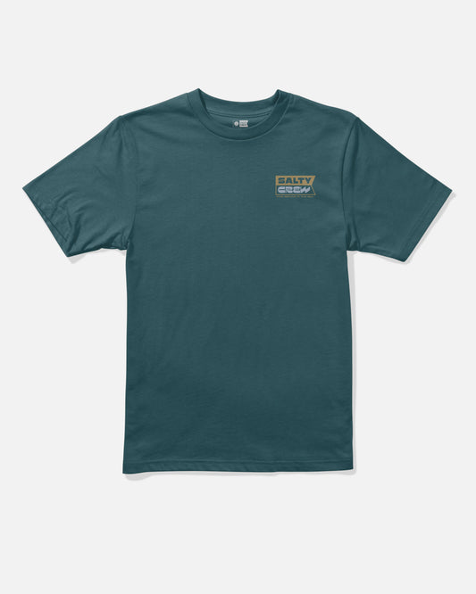 The Inverse Flag Boys Tee in Atlantic Blue by Salty Crew is a short-sleeve, combed ringspun cotton t-shirt featuring a small tan and blue Salty Crew logo screenprinted on the left chest. The shirt is displayed on a plain white background.