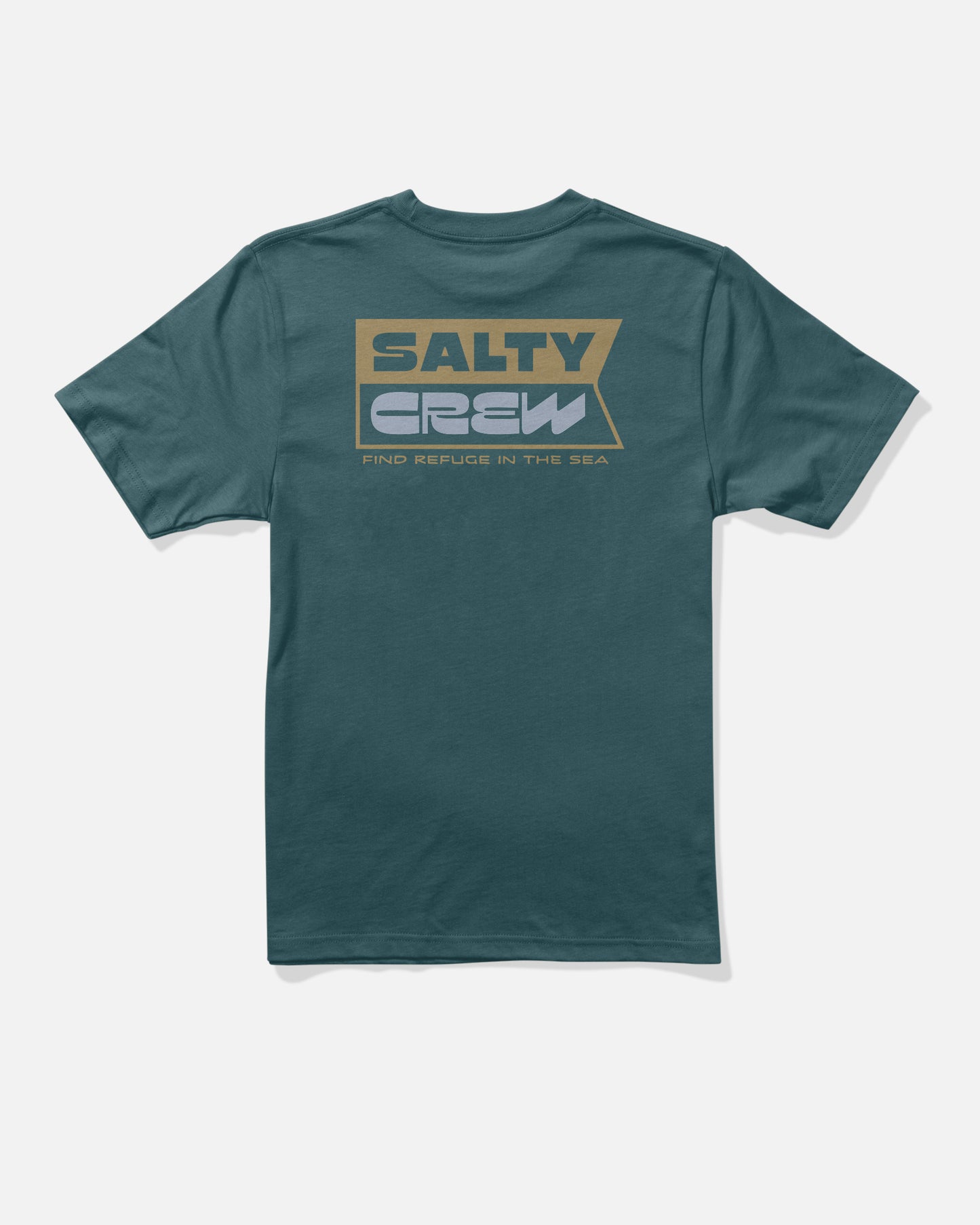 Atlantic blue cotton t-shirt by Salty Crew featuring a screenprinted graphic on the back with “SALTY CREW” in bold letters and “FIND REFUGE IN THE SEA” displayed below in smaller font. The Inverse Flag Boys Tee is crafted from soft combed ringspun cotton and showcases gold, white, and blue accents.