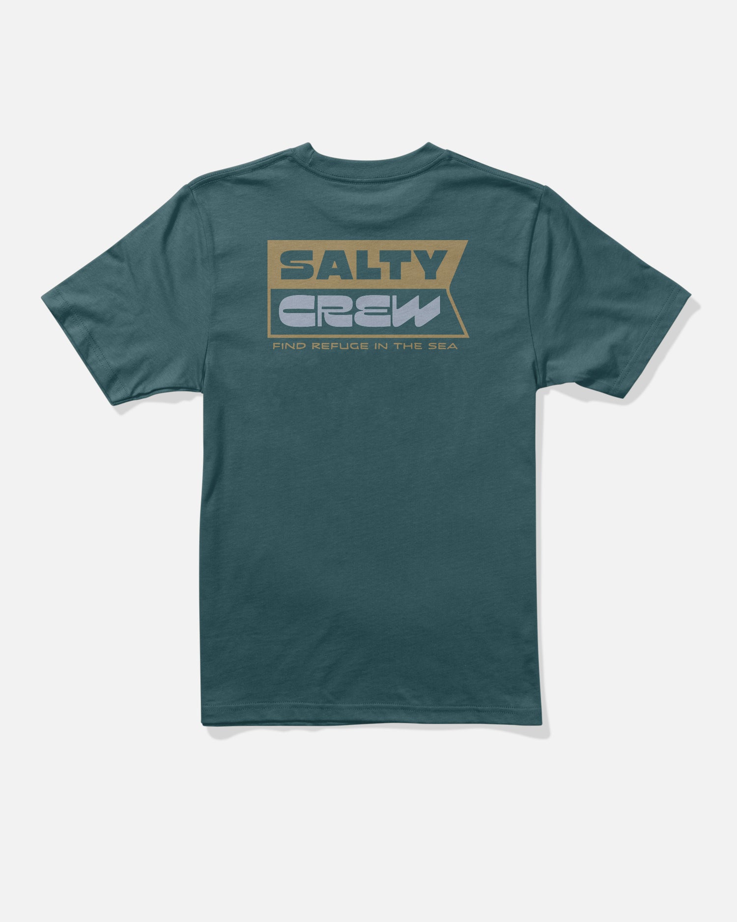 Atlantic blue cotton t-shirt by Salty Crew featuring a screenprinted graphic on the back with “SALTY CREW” in bold letters and “FIND REFUGE IN THE SEA” displayed below in smaller font. The Inverse Flag Boys Tee is crafted from soft combed ringspun cotton and showcases gold, white, and blue accents.