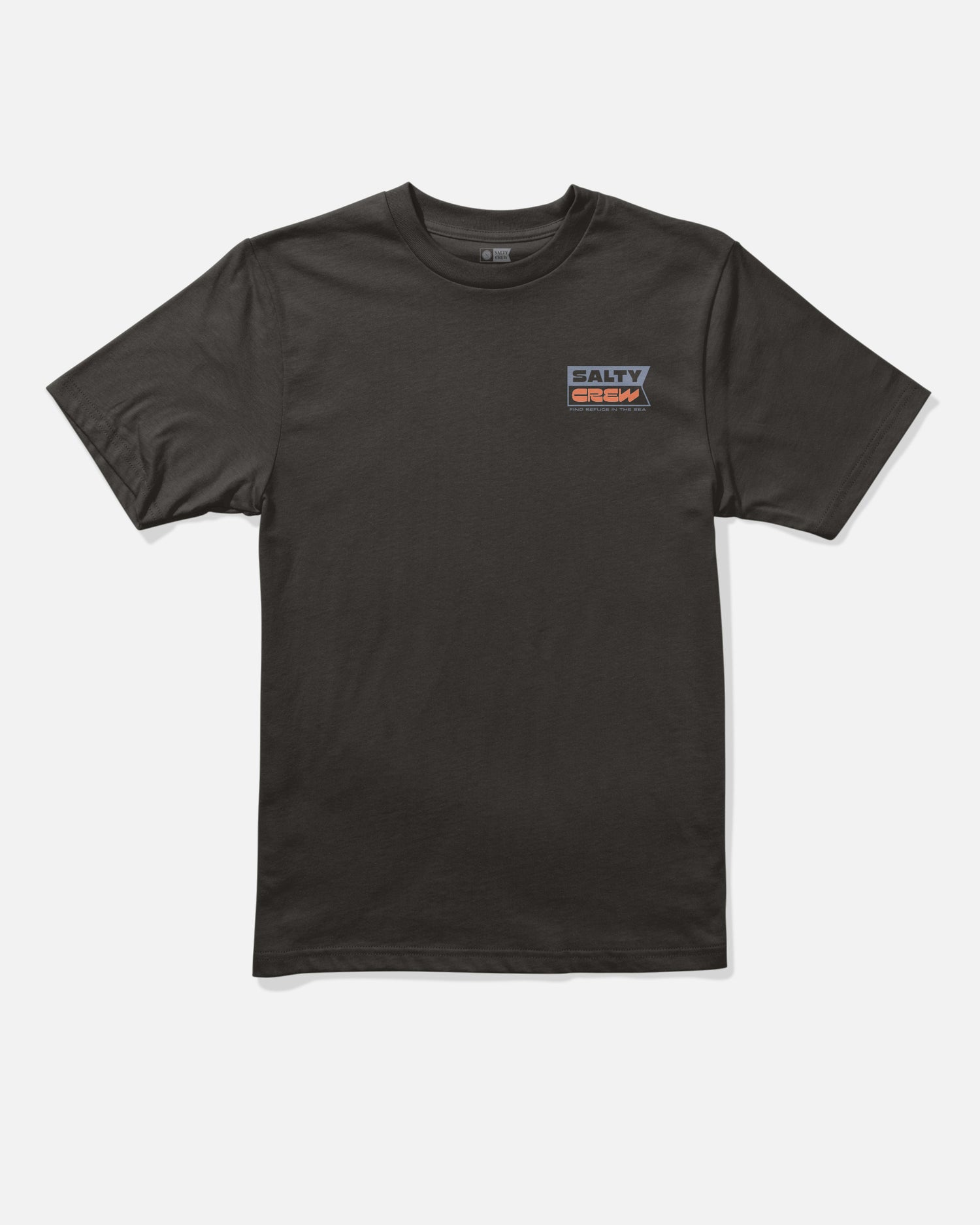 The Inverse Flag Boys Tee - Black by Salty Crew is a soft, combed ringspun cotton T-shirt in plain black, featuring a small, rectangular screenprinted “SALTY CREW” logo in blue, white, and orange text on the left chest. The shirt is presented against a white background.