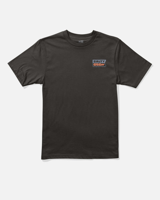 The Inverse Flag Boys Tee - Black by Salty Crew is a soft, combed ringspun cotton T-shirt in plain black, featuring a small, rectangular screenprinted “SALTY CREW” logo in blue, white, and orange text on the left chest. The shirt is presented against a white background.